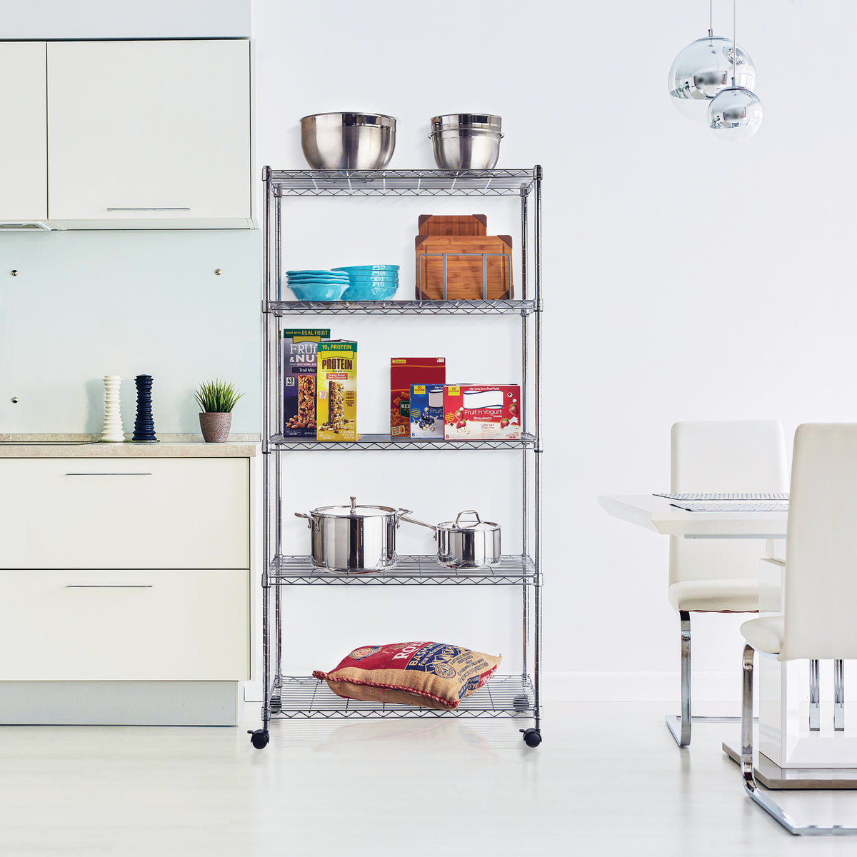 30 x 14 x 60, 5Tier Steel Wire Shelving With Wheels, Chrome