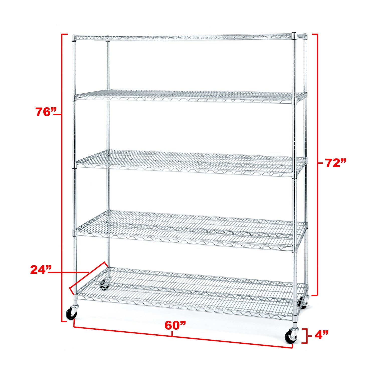 60 x 24 x 72, 5 Tier NSF Steel Wire Shelving Rack with wheels