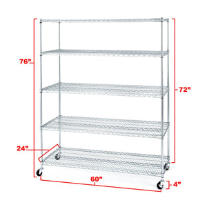 60 x 24 x 72, 5 Tier NSF Steel Wire Shelving Rack with wheels