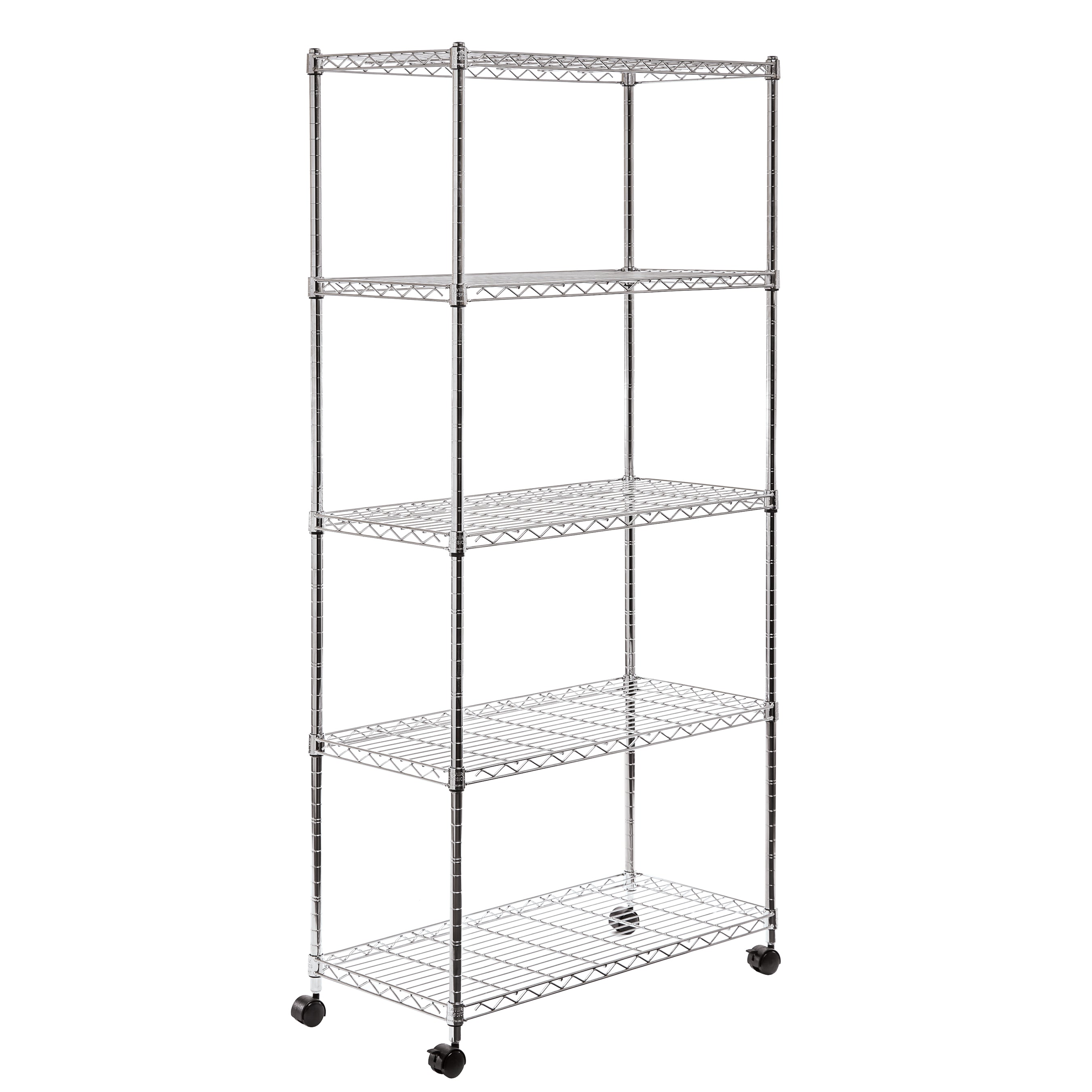 30 x 14 x 60, 5-TIER STEEL WIRE SHELVING WITH WHEELS, CHROME