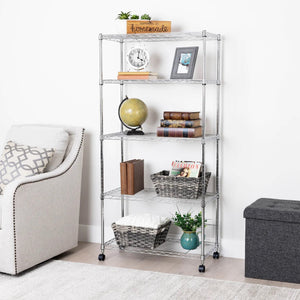 30 x 14 x 60, 5-Tier Steel Wire Shelving With Wheels, Chrome